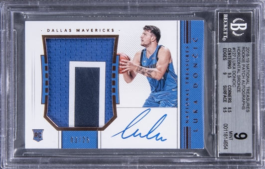 2018-19 Panini National Treasures Rookie Patch Autographs (RPA) Horizontal Bronze #127 Luka Doncic Signed Patch Rookie Card (#03/25) - BGS MINT 9/BGS 10